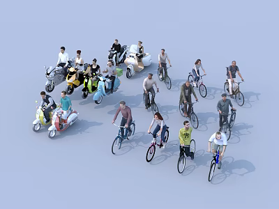 Group of People Riding Bicycles And Scooters In Various Colors And Designs 3d model
