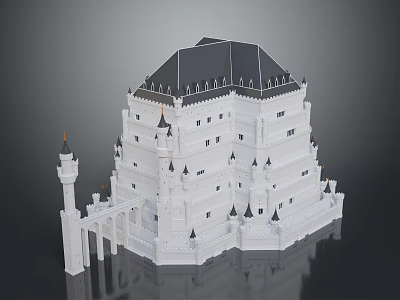 White Castle Inspired Building Featuring Black Roof Turrets Arches And Multi Layer Design 3d model