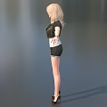 Blonde Game Movie Character in Black Jacket White Top Black Shorts Arms Outstretched Gray Background
