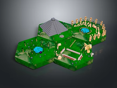 Detailed Hexagon Model with Green Landscape Pyramid Blue Pool Statues and Toy Car 3d model