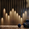 Modern Interior Design With Stylish Wall Lights On Wooden Wall And Blue Sofa