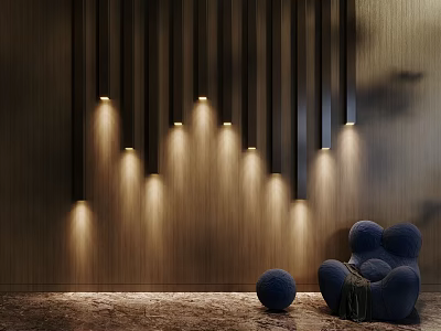 Modern Interior Design With Stylish Wall Lights On Wooden Wall And Blue Sofa 3d model
