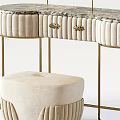 Elegant Modern Dressing Table With Marble Top Gold Frame Round Mirrors And Beige Stool 3d model