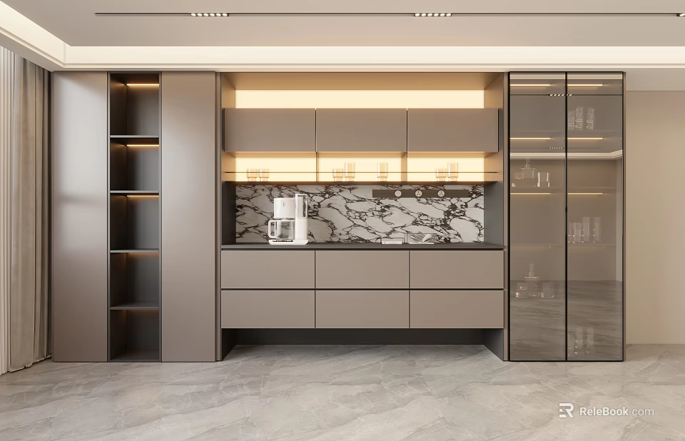 Modern Wine Cabinet Design With Glass Doors Marble Backsplash And Storage Cabinets 3d model 
