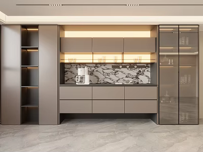 Modern Wine Cabinet Design With Glass Doors Marble Backsplash And Storage Cabinets 3d model