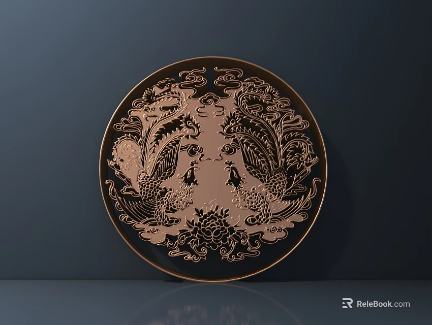 Golden Bronze Carved Plate with Dragon Phoenix and Floral Patterns on Dark Background 3d model 