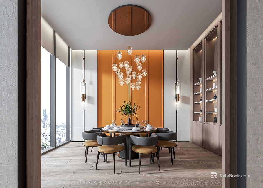 Modern Private Dining Room With Orange Accent Wall Round Table Chandelier And City View 3d model 
