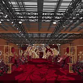 Service Hall Interior With Red Carpet Floral Decorations Golden Frames And Ceiling Lighting