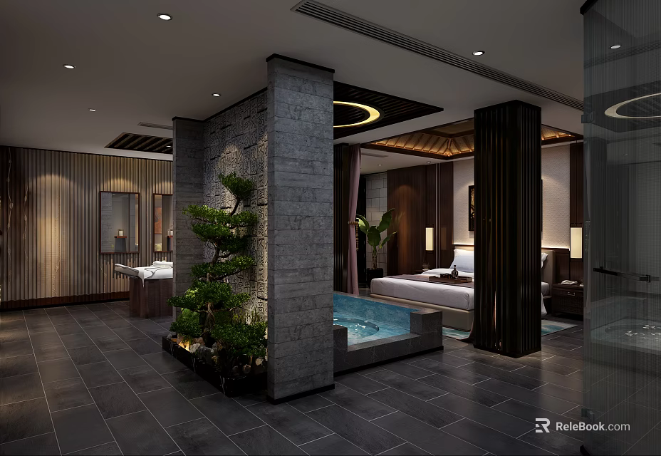 Relaxing SPA Sauna Interior With Stone Structure Spa Tub And Ambient Lighting 3d model 