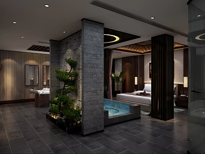 Relaxing SPA Sauna Interior With Stone Structure Spa Tub And Ambient Lighting 3d model
