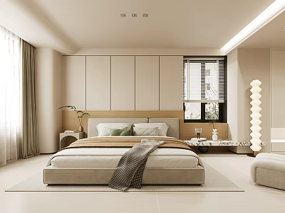 Minimalist Modern Bedroom Interior Design With Large Bed Wardrobe And Window Curtains 3d model