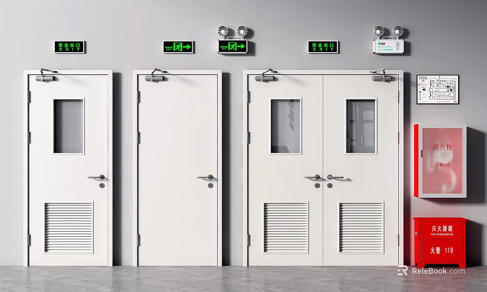 White Double And Single Fire Doors With Green Indicators And Emergency Panels 3d model 