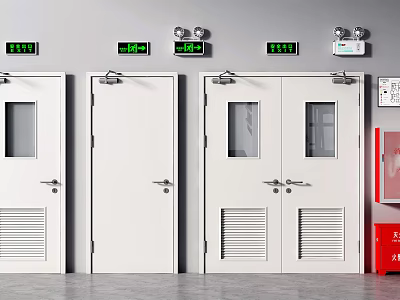 White Double And Single Fire Doors With Green Indicators And Emergency Panels 3d model
