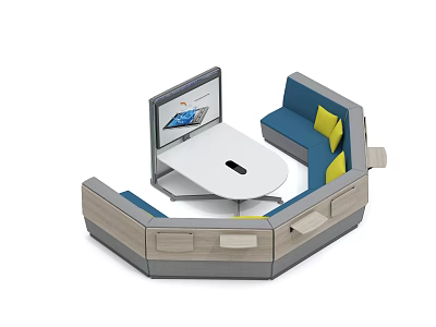 Hexagonal Conference Table With Upholstered Seating Yellow Cushions And Built in Monitor 3d model