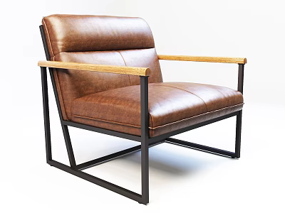 Brown Leather Single Sofa with Wooden Arms and Black Metal Frame for Modern Living Room 3d model