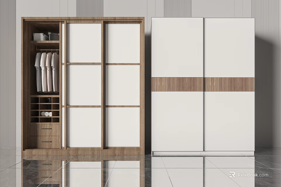Modern Wardrobe Interior Design With Sliding Doors Wooden Frame And White Panels 3d model 