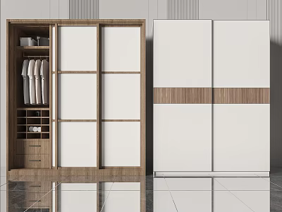 Modern Wardrobe Interior Design With Sliding Doors Wooden Frame And White Panels 3d model