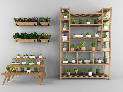 Wooden Garden Decor With Hanging Planters Multi Tiered Shelves And Potted Plants 3d model