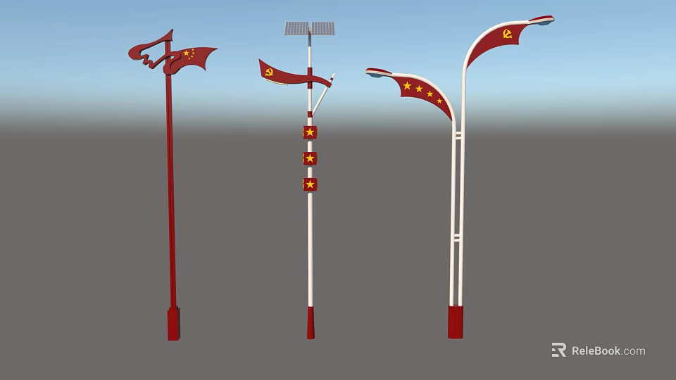 Outdoor Lights with Red and White Flag Design Solar Panel and Star Patterns 3d model