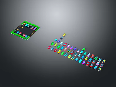 Colorful Toy Cars Arranged in Vibrant Pattern with Green Design Board 3d model