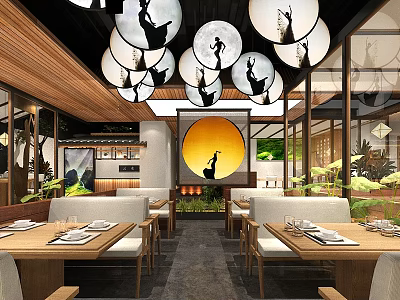 Elegant Modern Restaurant Interior With Round Pendant Lights Black Silhouette Wooden Tables And Green Plants 3d model
