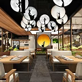 Elegant Modern Restaurant Interior With Round Pendant Lights Black Silhouette Wooden Tables And Green Plants
