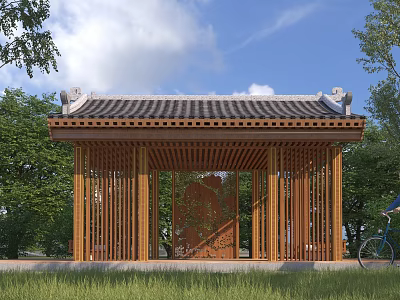 Traditional Chinese Wooden Pergola in Park with Tile Roof Carved Decorations and Green Trees 3d model