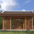 Traditional Chinese Wooden Pergola in Park with Tile Roof Carved Decorations and Green Trees