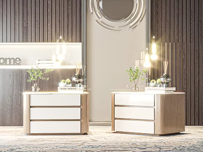 Modern Wooden Bedside Tables With White Drawers Green Plants And Decorative Accents 3d model
