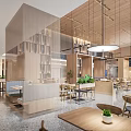 Modern Restaurant Interior With Wooden Buffet Stations Hanging Green Plants And Marble Countertops