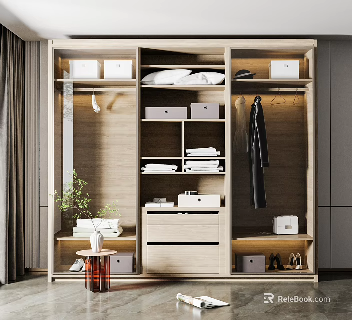 Modern Wooden Wardrobe Interior With Shelves Drawers Hanging Space Storage Boxes And Folded Clothes 3d model 