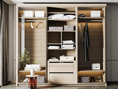 Modern Wooden Wardrobe Interior With Shelves Drawers Hanging Space Storage Boxes And Folded Clothes 3d model