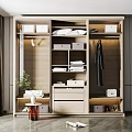 Modern Wooden Wardrobe Interior With Shelves Drawers Hanging Space Storage Boxes And Folded Clothes