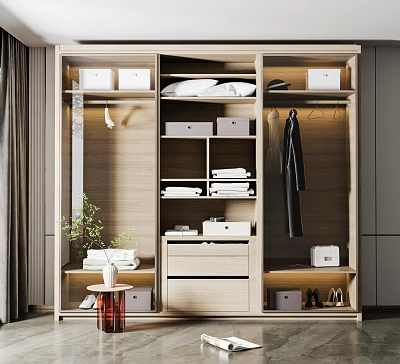 Modern Wooden Wardrobe Interior With Shelves Drawers Hanging Space Storage Boxes And Folded Clothes 3d model