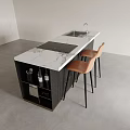 Modern Kitchen Island Dining Set With Marble Countertop Sink Cooktop Black Cabinets Orange Bar Stools