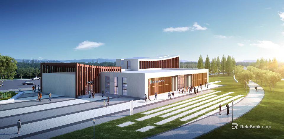 Modern Visitor Center Architecture With Wooden Facade Green Lawns And Walkways 3d model 
