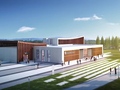 Modern Visitor Center Architecture With Wooden Facade Green Lawns And Walkways 3d model