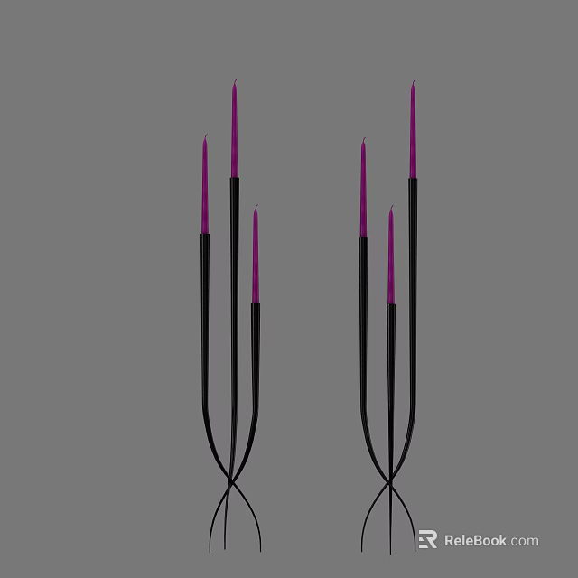Modern Black Candlesticks With Three Purple Candles Each For Home Decoration 3d model 