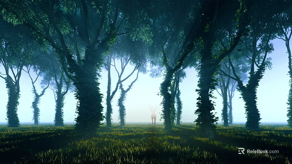 Misty Forest Landscape With Tall Trees Ivy Covered Trunks Grassy Ground And Distant Deer 3d model 