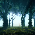 Misty Forest Landscape With Tall Trees Ivy Covered Trunks Grassy Ground And Distant Deer