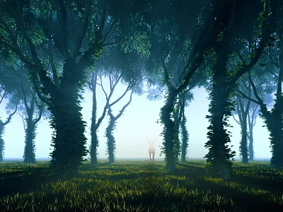 Misty Forest Landscape With Tall Trees Ivy Covered Trunks Grassy Ground And Distant Deer 3d model
