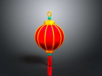 Red Traditional Lantern Pendant Light With Yellow Lines And Tassel Decor 3d model