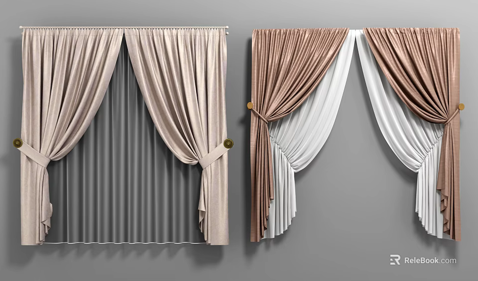 Light Beige And Brown White Velvet Curtains With Pleated Design And Tied Details 3d model 
