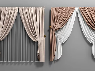 Light Beige And Brown White Velvet Curtains With Pleated Design And Tied Details 3d model