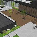 Modern Garden Landscape with Building Wooden Deck Outdoor Furniture Trees and Louver Wall