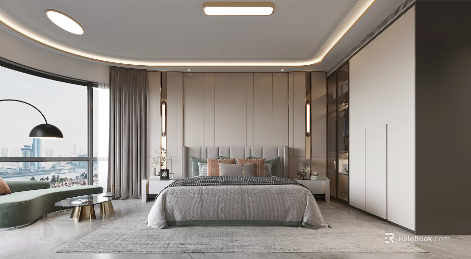 Elegant Modern Bedroom Interior With Gray Headboard Nightstands Wardrobes And Large Windows 3d model 