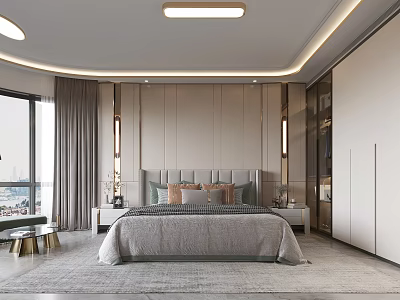 Elegant Modern Bedroom Interior With Gray Headboard Nightstands Wardrobes And Large Windows 3d model