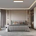 Elegant Modern Bedroom Interior With Gray Headboard Nightstands Wardrobes And Large Windows