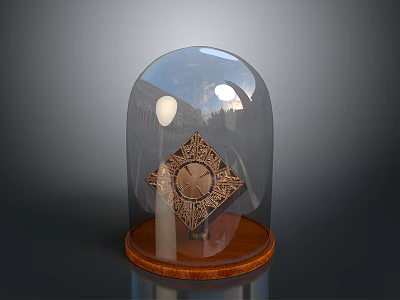 Decorative Home Clock With Intricate Design Transparent Glass Dome And Wooden Base 3d model