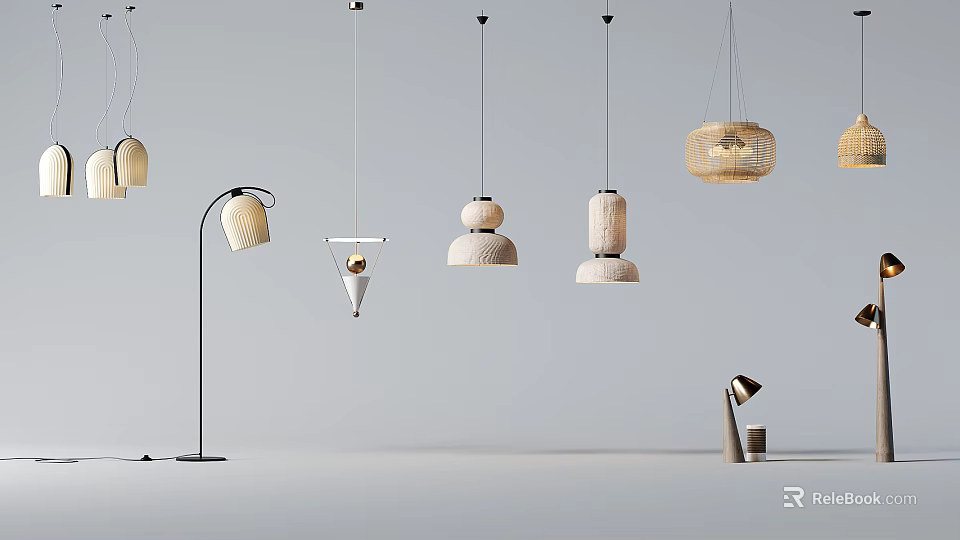 Modern Lighting Combinations Featuring Pendant Lights Floor Lamps And Woven Ceramic Designs 3d model 